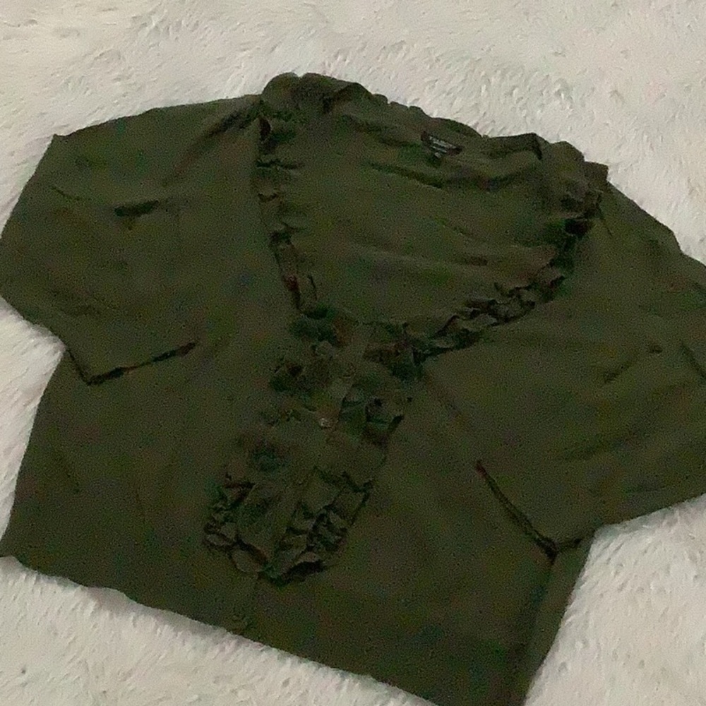 Talbots Green Ruffle Front Button Front 3/4 Sleev… - image 1